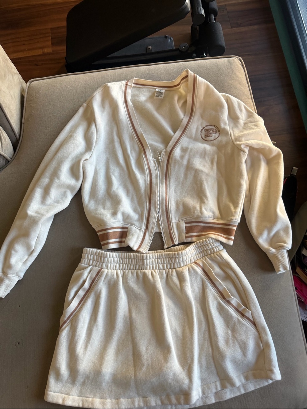 PINK Victoria's Secret Cream Two-Piece Zip SweaterTop & Skort Set